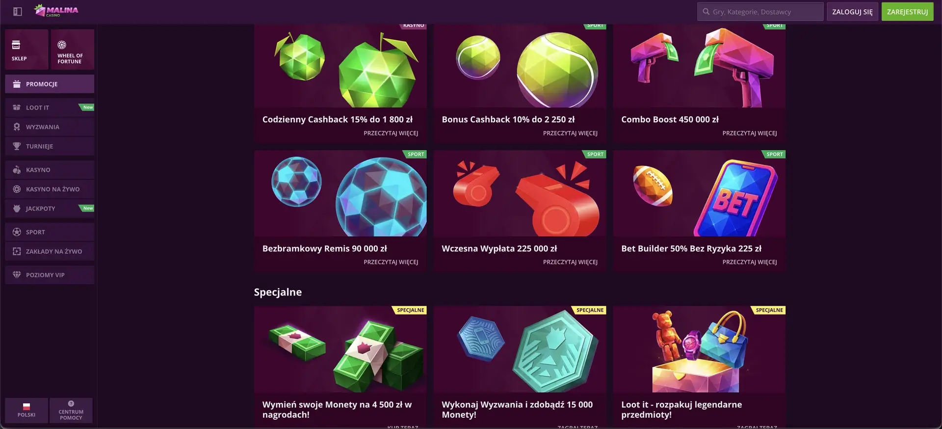 Malina Casino Bonus Bez Depozytu - interfejs